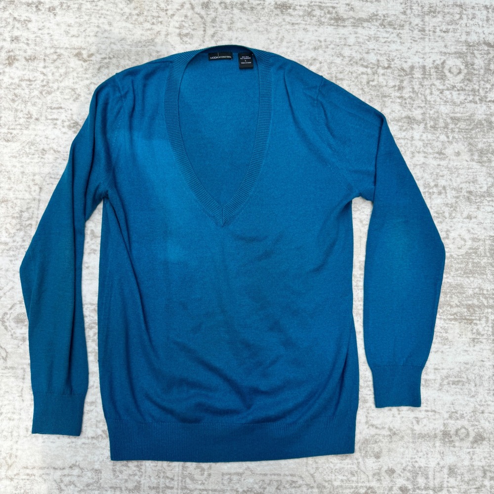 Moda International Teal Blue Silk Cashmere V-Neck Sweater Womens Large